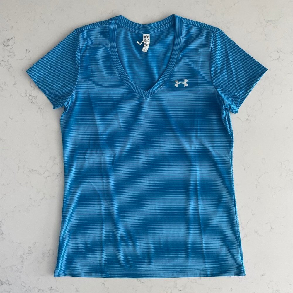 Under Armour Activewear SS V Neck Loose Fit Striped Polyester Shirt Blue Sz S